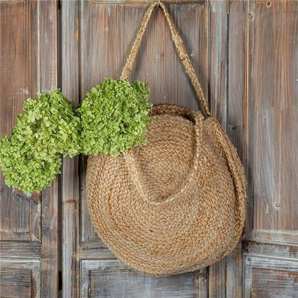 Round Jute Tote Bag in Beige
